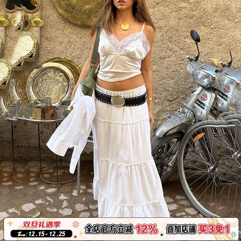 度假风白色拼接波西米亚长裙