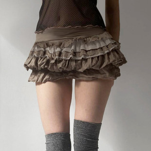 ROCKMORE 卡其色复古少女花苞短裙多层次小众半身裙潮 中古艺术