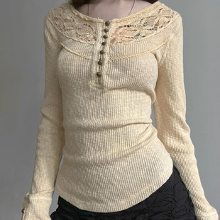 针织T恤 ROCKMORE 性感蕾丝拼接圆领长袖 复古 排扣分割上衣 法式