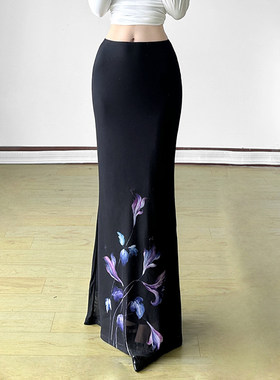 ROCKMORE【空谷幽兰】紫色植系印花网纱半身裙 vintage小众包臀裙