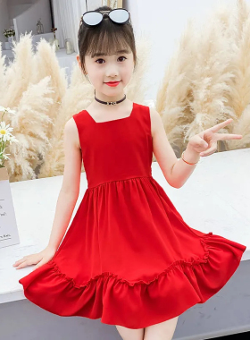 女童连衣裙夏装2022新款公主裙中大童洋气女孩荷叶边淑女红色裙子