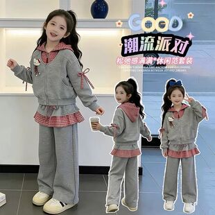 女童春装2026新款儿童时尚洋气时髦大女孩猫咪格子假两件卫衣套装