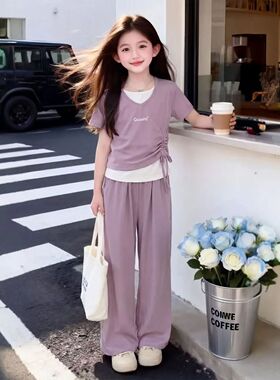 2026新款紫色系少女感休闲冰丝套装女童假俩件抽绳设计冰丝阔腿裤