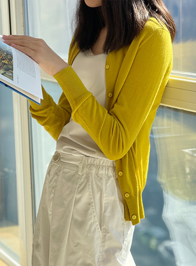 L.WANG 乐往原创女装 春秋薄款纯羊毛柔软文艺风长袖圆领开衫