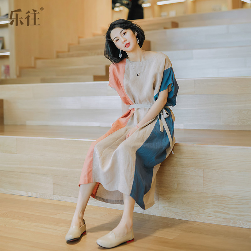 L.WANG乐往原创女装 夏棉麻拼接宽松直筒袍子款度假文艺连衣裙