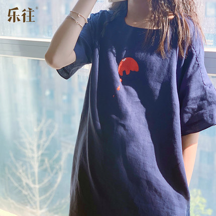 L.WANG 乐往原创女装 夏季蓝色纯亚麻手工绣花图案文艺休闲连衣裙