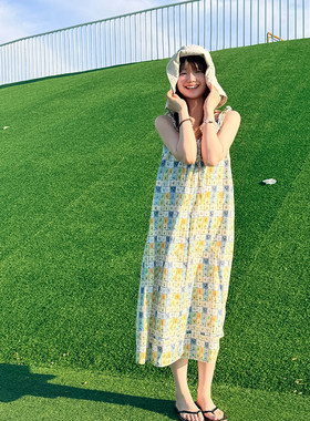 夏季纯棉印花宽松吊带连衣裙