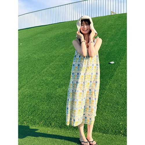 夏季纯棉印花宽松吊带连衣裙