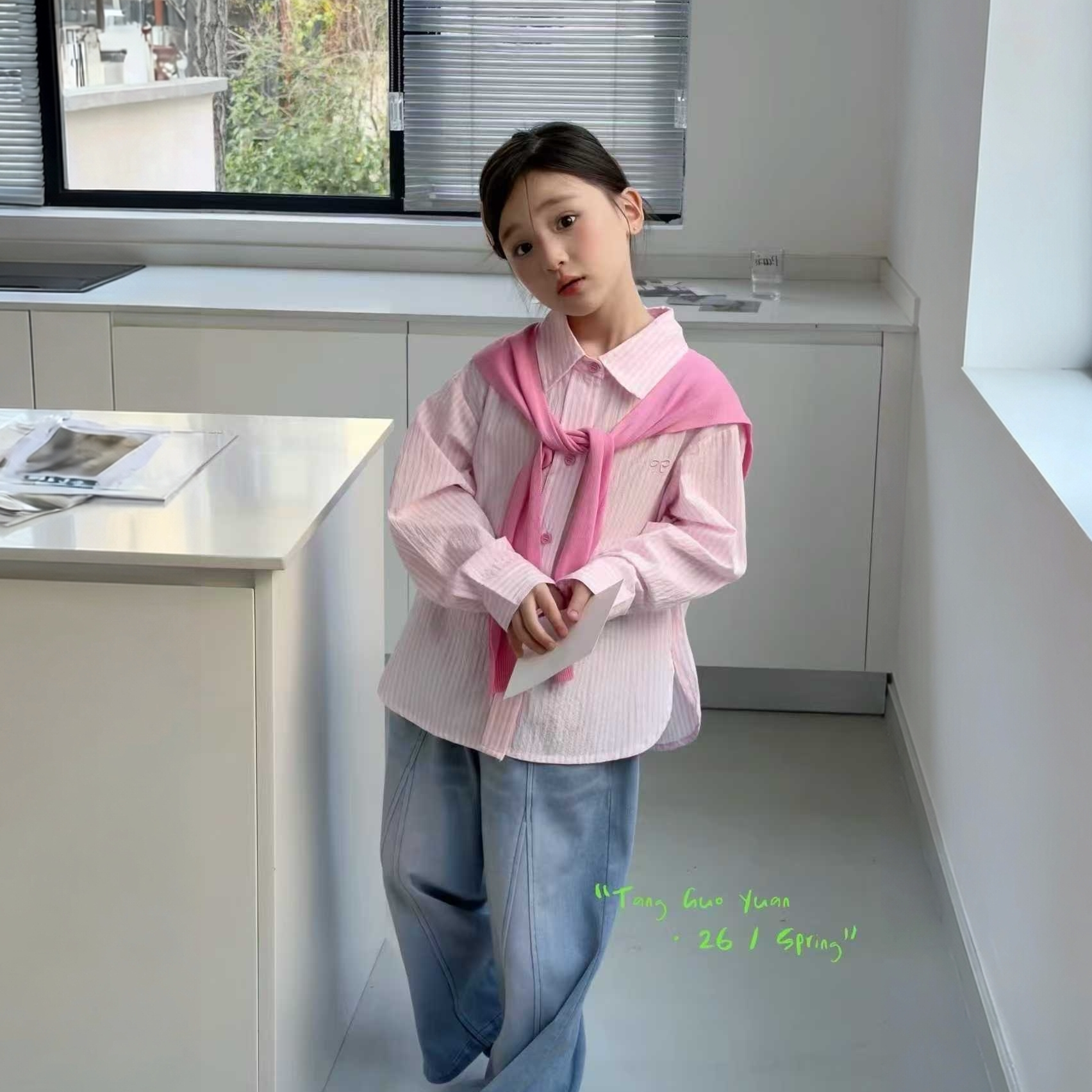 女童春季条纹长袖衬衣披肩新款时尚儿童韩版百搭宽松衬衫女童衬衣