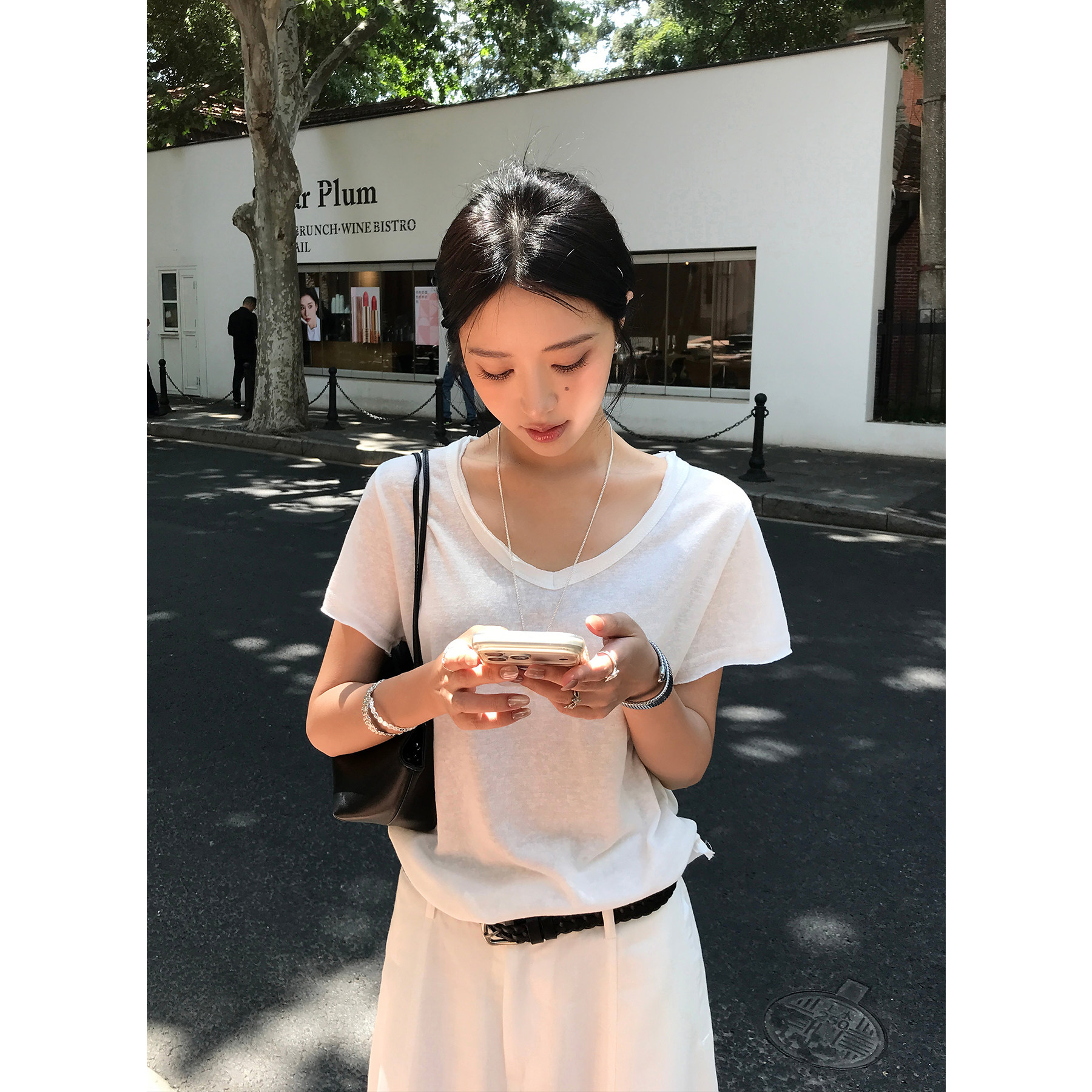 Hoo miyao零感神T 极简老钱V领短袖T恤夏季通勤基础穿搭白色上衣