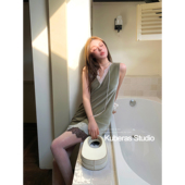 KUBERAS 纯欲百搭撞色蕾丝拼接丝绒背心裙短款 宽松V领A字连衣裙