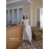 KUBERAS 气质A字长裙 连衣裙法式 高级感植绒网纱拼接长款 收腰短袖