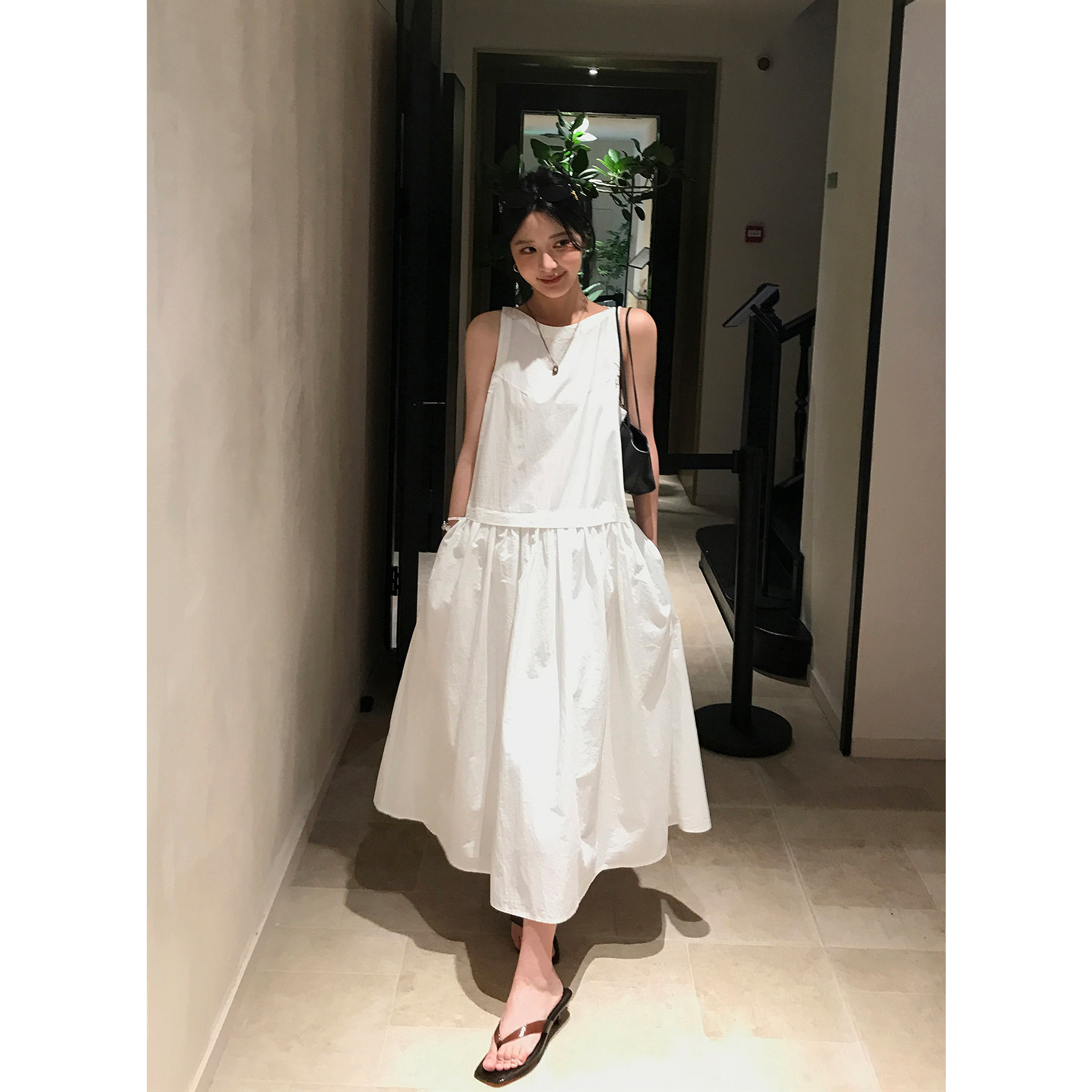 Hoo miyao 棉麻淡人极简松弛感白月光法式背心连衣裙舒适宽松长裙