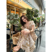 V领荷叶袖 KUBERAS 休闲小众复古印花长款 连衣裙高级感宽松A字长裙