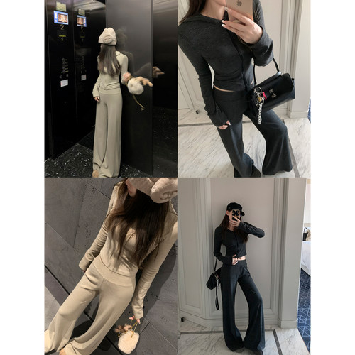 Middletone | 机场套装 连帽收腰短外套+休闲阔腿裤两件套女套装