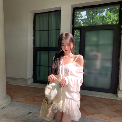 【清仓5折】正确版素调美人 松弛感蕾丝吊带衬衫短裙套装三件套