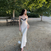 Middletone 波点少女 复古蕾丝波点连衣裙气质缎面吊带裙度假裙