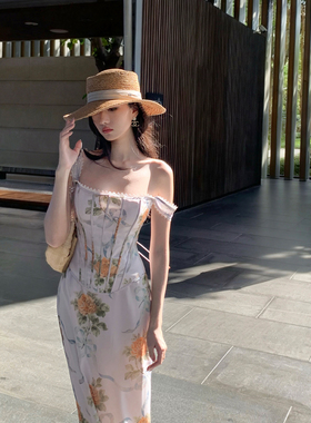 Middletone | 尼斯夏日 假两件鱼骨胸衣方领印花连衣裙吊带裙长裙