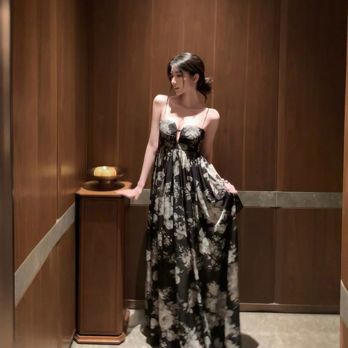 复古印花吊带裙度假连衣裙女