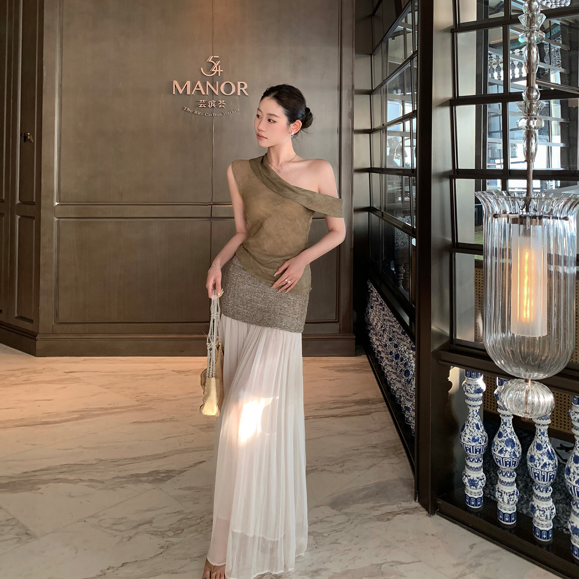 复古雪纺皱拼接半身裙