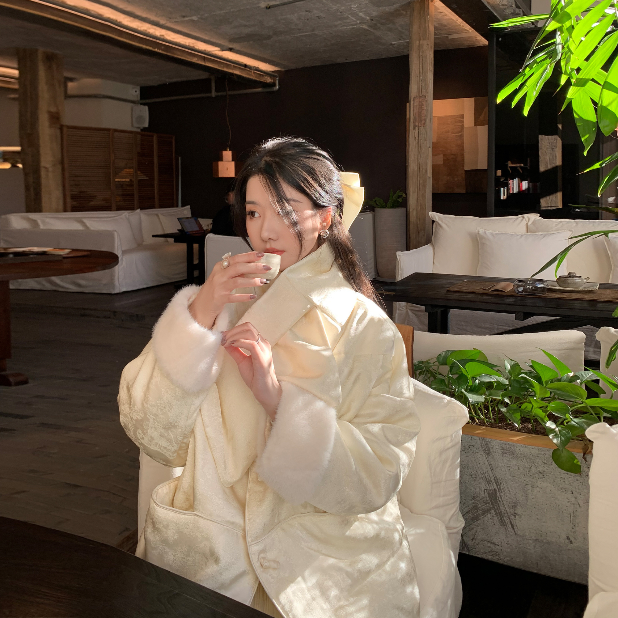 带围巾新中式国风棉服外套