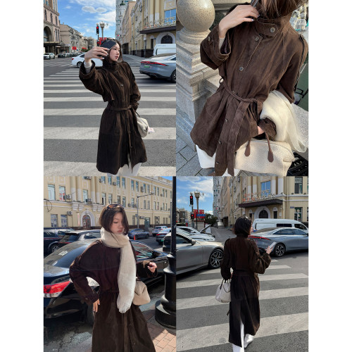 老钱复古麂皮绒感立领长风衣女