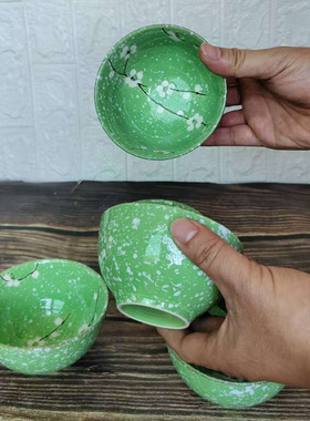 4只装绿色樱花图案加厚陶瓷碗 日式风格家用餐具套装精致小巧汤碗