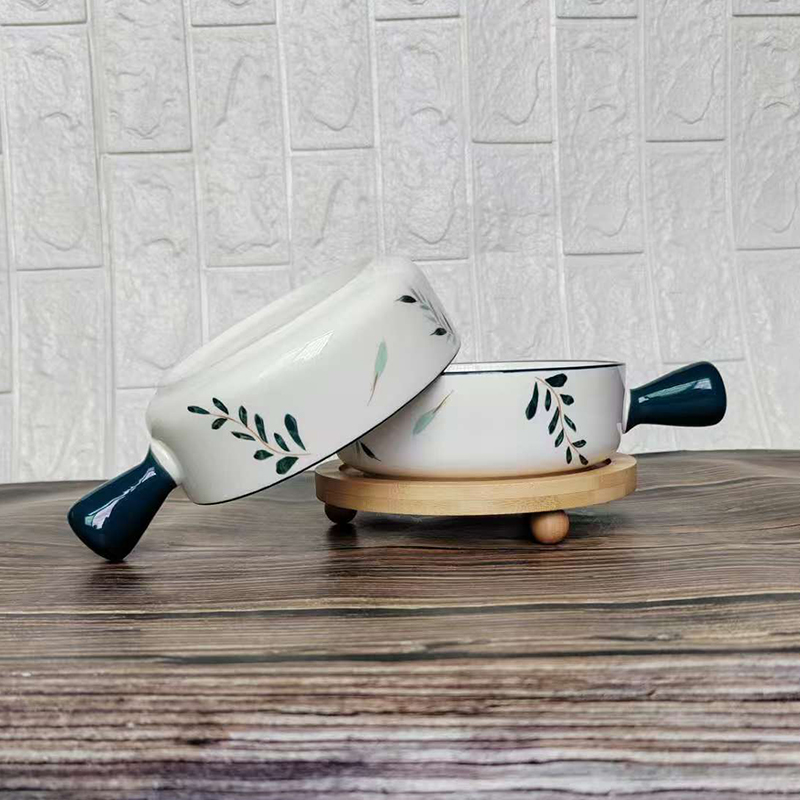 陶瓷大口径手柄碗 家用大号单柄沙拉甜品碗 简约日式柳叶泡面汤碗