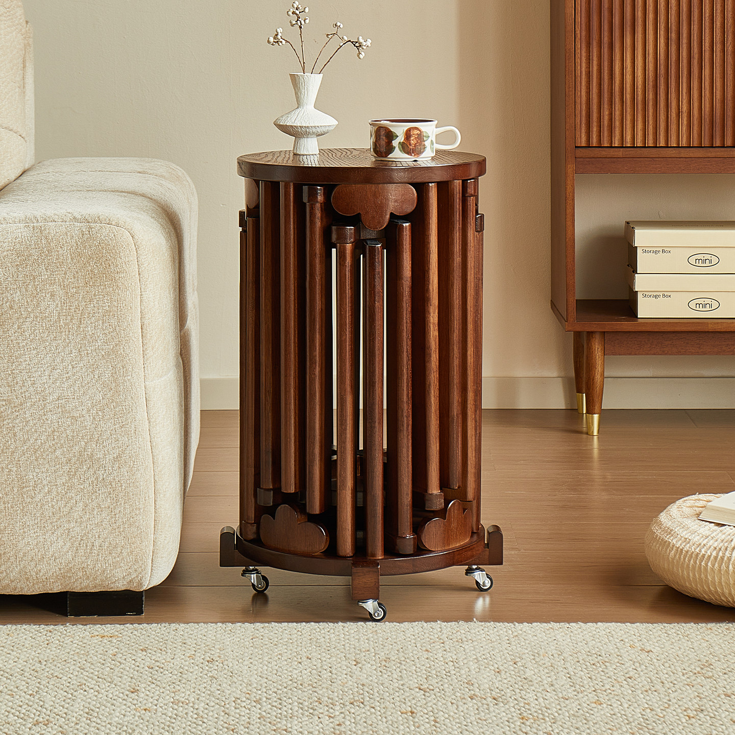 实木可叠放凳子茶几组合圆凳叠叠乐餐桌待客备用凳带滑轮折叠椅子