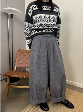 MKDesign 冬季新品 加厚一条过冬阔型休闲羊毛可翻边裤9分西装裤