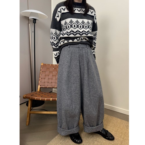 MKDesign 冬季新品 加厚一条过冬阔型休闲羊毛可翻边裤9分西装裤