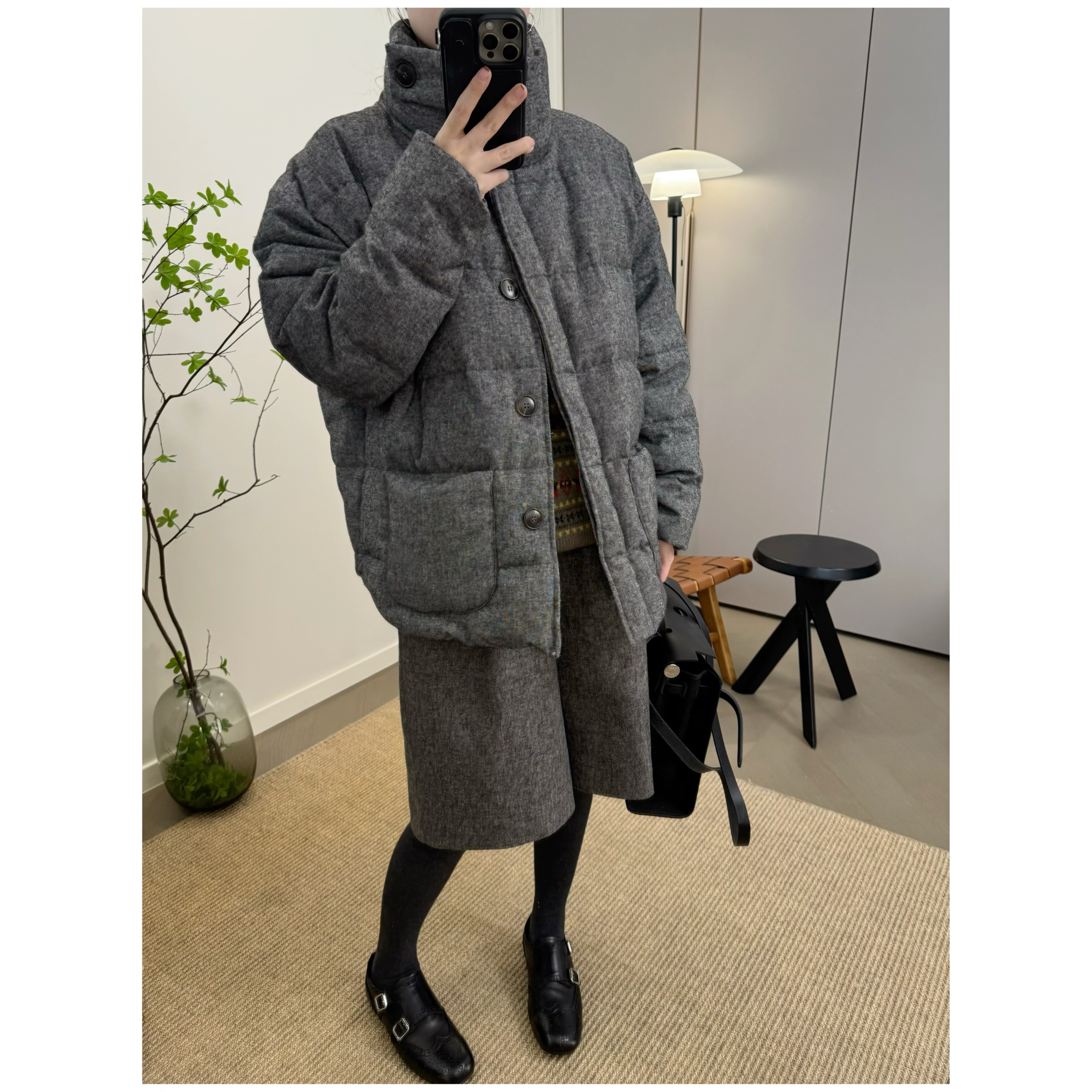 MKDesign冬季新品羊毛蚕丝面料立领休闲灰色白鸭绒羽绒服短款外套