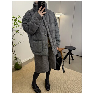 外套 羊毛蚕丝面料立领休闲灰色白鸭绒羽绒服短款 MKDesign冬季 新品
