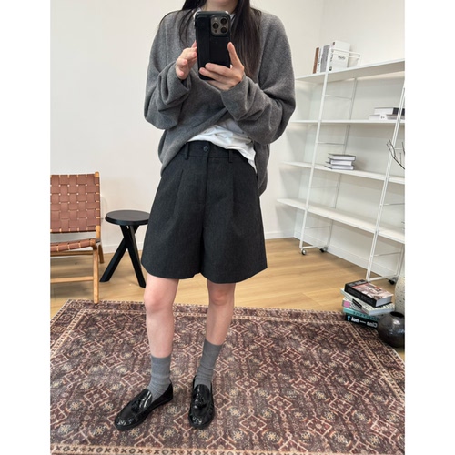 MKDesign 秋季新品秋冬厚款毛呢小花苞型显瘦百搭深灰西装短裤