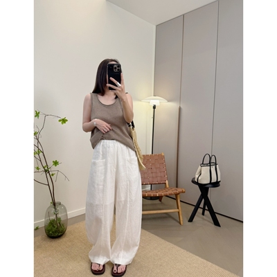 MKDesign亚麻阔腿大口袋拖地裤