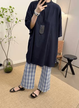 MKDesign 夏季新品  藏青色百搭显瘦宽松廓形全棉圆领长款短袖T恤