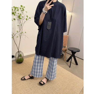 MKDesign 夏季新品  藏青色百搭显瘦宽松廓形全棉圆领长款短袖T恤