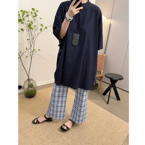 MKDesign 夏季新品  藏青色百搭显瘦宽松廓形全棉圆领长款短袖T恤