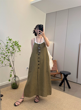 MKDesign夏季新品 100亚麻日系休闲气质款背后系带慵懒连衣裙长裙