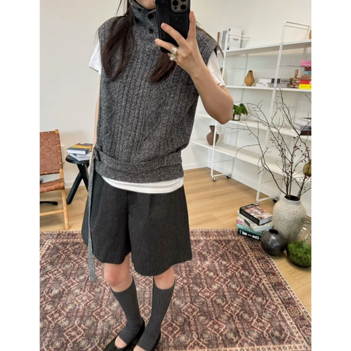 MKDesign 秋季新品 花纱立领高领针织显瘦腰带针织马甲背心