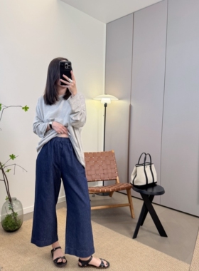 MKDesign 夏季新品必入薄款松紧腰汉麻棉微喇休闲9分显瘦牛仔裤