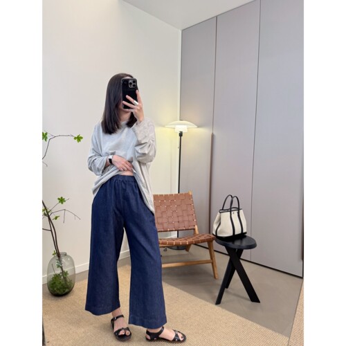 MKDesign 夏季新品必入薄款松紧腰汉麻棉微喇休闲9分显瘦牛仔裤