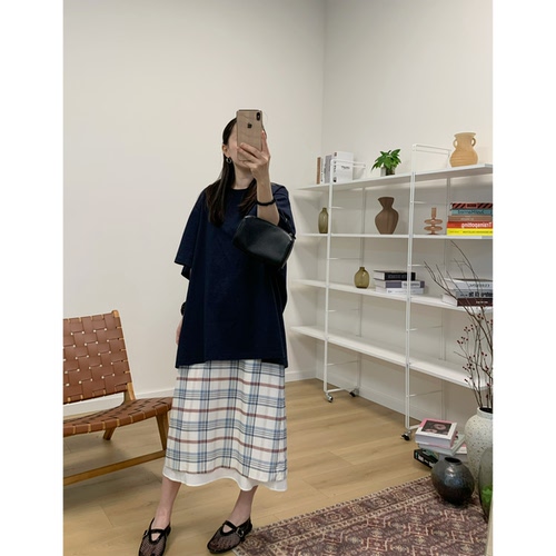 MKDesign 夏季新品 轻薄双层格纹松紧腰显瘦天丝夏季休闲半身裙