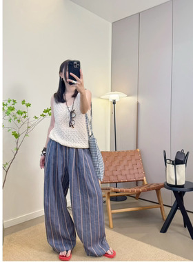 MKDesign 夏季新品 特别的灰蓝色亚麻条纹休闲宽松阔腿拖地长裤