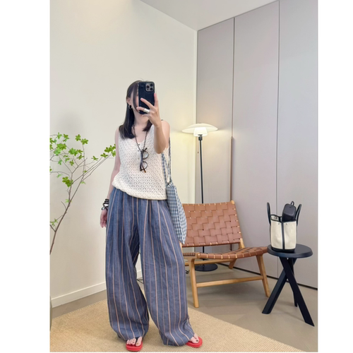 MKDesign 夏季新品 特别的灰蓝色亚麻条纹休闲宽松阔腿拖地长裤