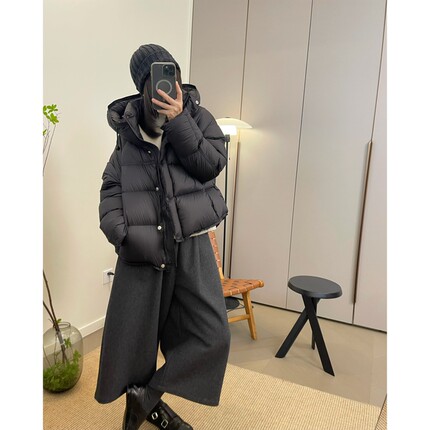 MKDesign 冬季新品 休闲基础经典不过时黑色连帽短款羽绒服