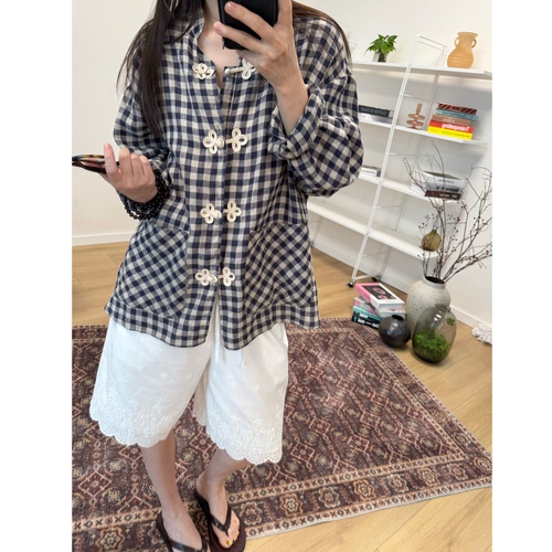 MKDesign 夏季新品 中式立领复古格纹亚麻轻薄夏季防晒小外套