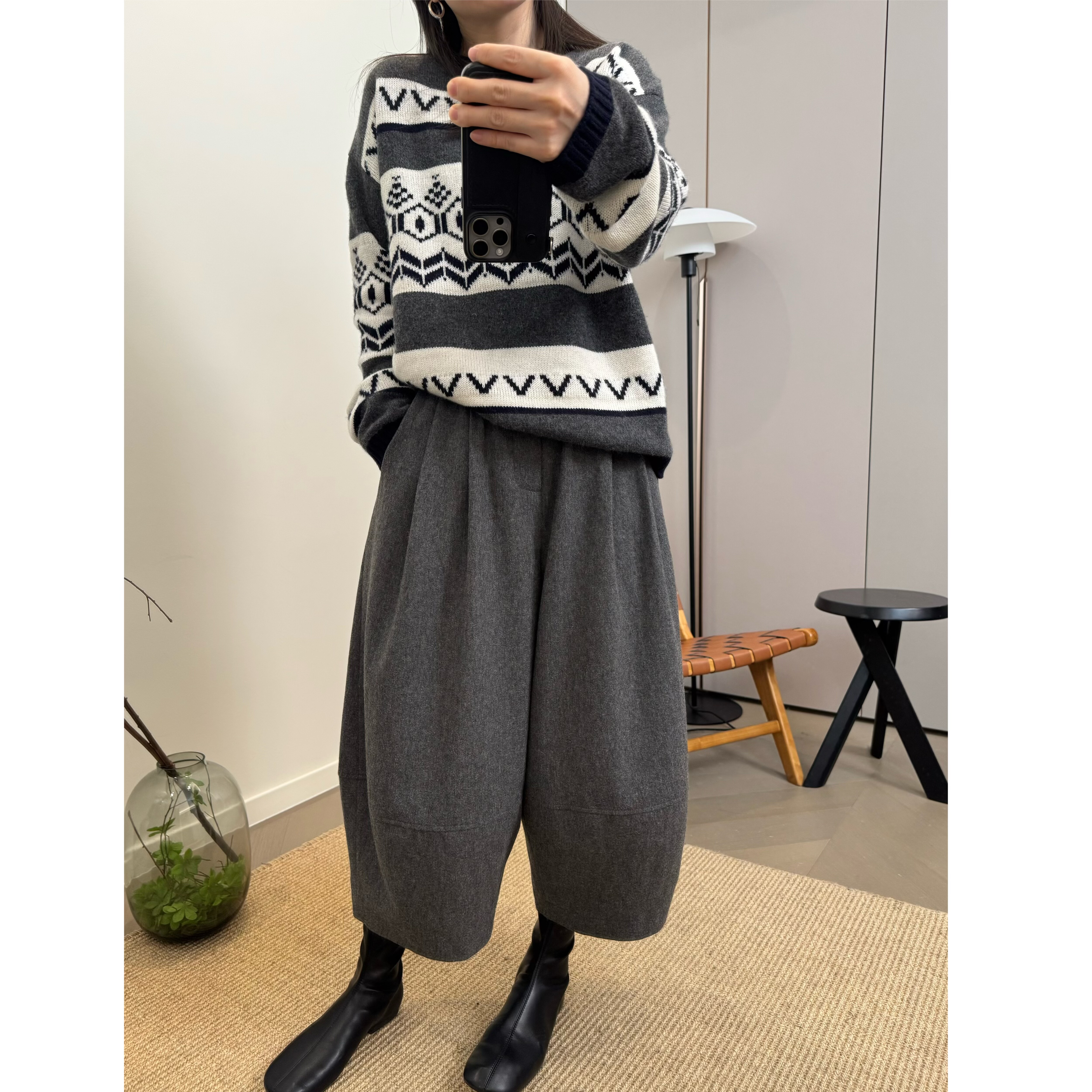 MKDesign 冬季新品灰色百搭松紧腰时髦显瘦羊毛裤靴裤灯笼裤7分裤