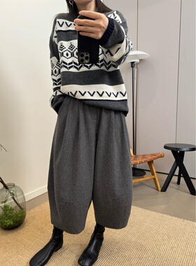 MKDesign 冬季新品灰色百搭松紧腰时髦显瘦羊毛裤靴裤灯笼裤7分裤
