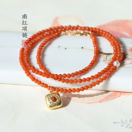 天然南红玛瑙小珠子项链 柿子红新中式国风颈饰 锁骨链 毛衣链女